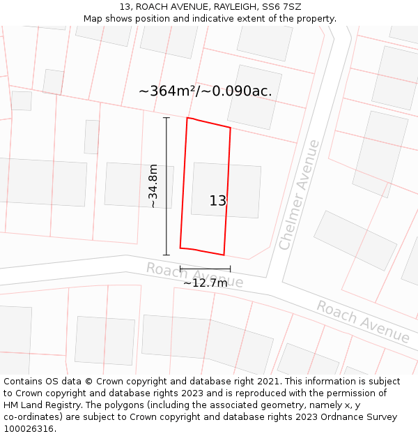 13, ROACH AVENUE, RAYLEIGH, SS6 7SZ: Plot and title map