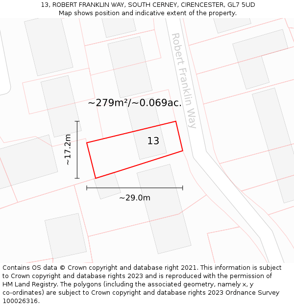 13, ROBERT FRANKLIN WAY, SOUTH CERNEY, CIRENCESTER, GL7 5UD: Plot and title map