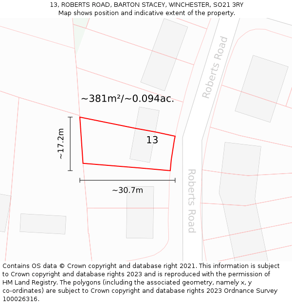 13, ROBERTS ROAD, BARTON STACEY, WINCHESTER, SO21 3RY: Plot and title map