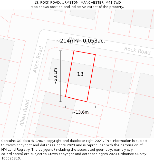 13, ROCK ROAD, URMSTON, MANCHESTER, M41 9WD: Plot and title map
