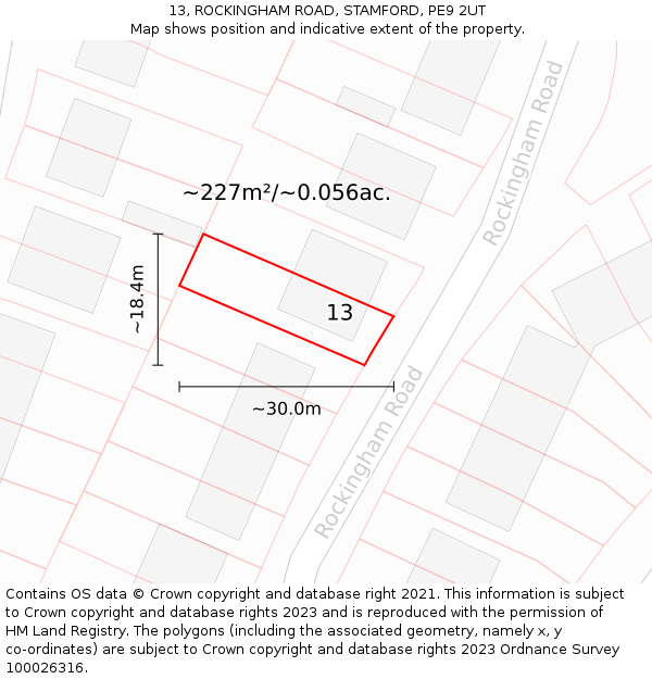 13, ROCKINGHAM ROAD, STAMFORD, PE9 2UT: Plot and title map