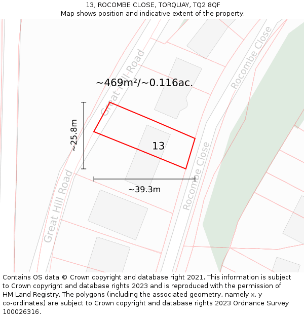 13, ROCOMBE CLOSE, TORQUAY, TQ2 8QF: Plot and title map