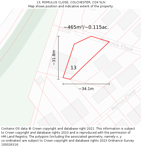 13, ROMULUS CLOSE, COLCHESTER, CO4 5LN: Plot and title map
