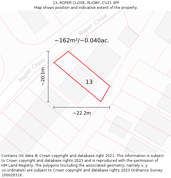 13, ROPER CLOSE, RUGBY, CV21 4PF: Plot and title map