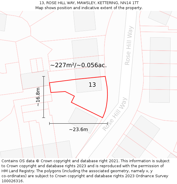 13, ROSE HILL WAY, MAWSLEY, KETTERING, NN14 1TT: Plot and title map