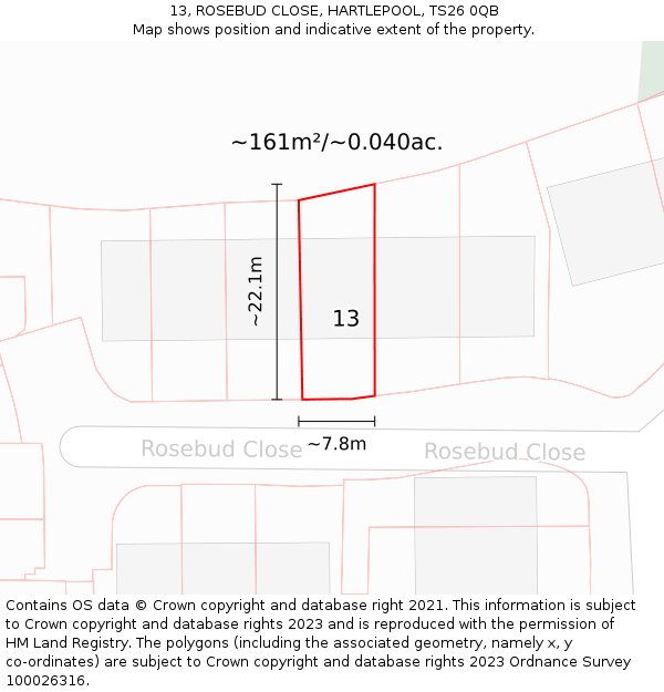 13, ROSEBUD CLOSE, HARTLEPOOL, TS26 0QB: Plot and title map