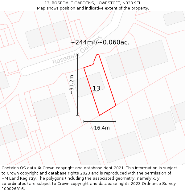 13, ROSEDALE GARDENS, LOWESTOFT, NR33 9EL: Plot and title map
