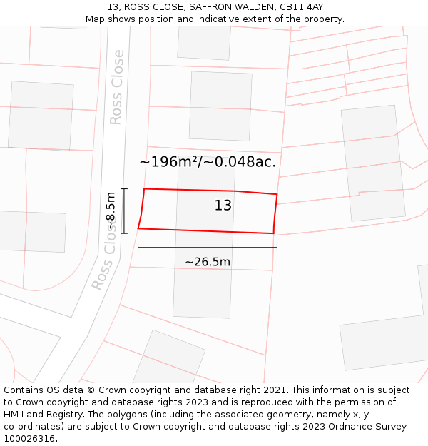 13, ROSS CLOSE, SAFFRON WALDEN, CB11 4AY: Plot and title map