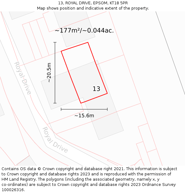 13, ROYAL DRIVE, EPSOM, KT18 5PR: Plot and title map
