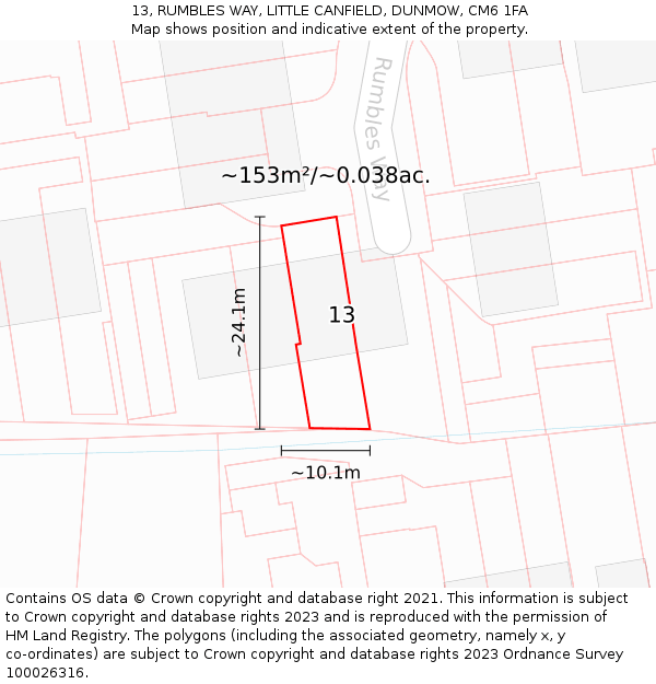 13, RUMBLES WAY, LITTLE CANFIELD, DUNMOW, CM6 1FA: Plot and title map