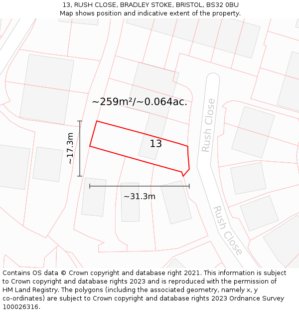 13, RUSH CLOSE, BRADLEY STOKE, BRISTOL, BS32 0BU: Plot and title map