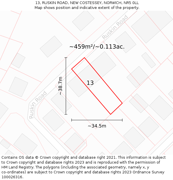 13, RUSKIN ROAD, NEW COSTESSEY, NORWICH, NR5 0LL: Plot and title map