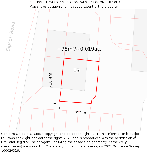 13, RUSSELL GARDENS, SIPSON, WEST DRAYTON, UB7 0LR: Plot and title map