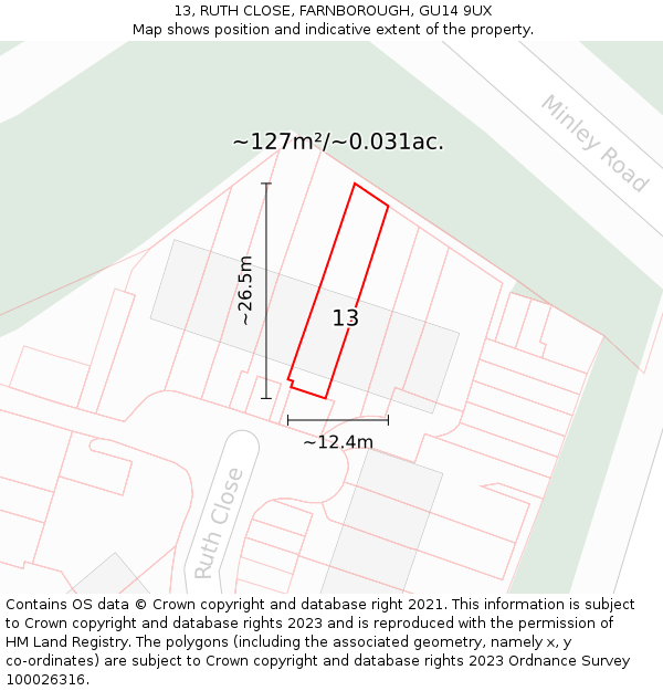 13, RUTH CLOSE, FARNBOROUGH, GU14 9UX: Plot and title map