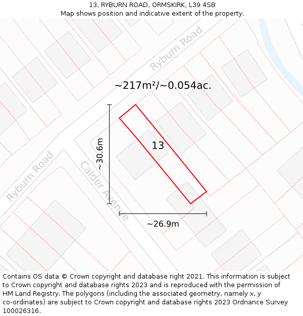 13, RYBURN ROAD, ORMSKIRK, L39 4SB: Plot and title map