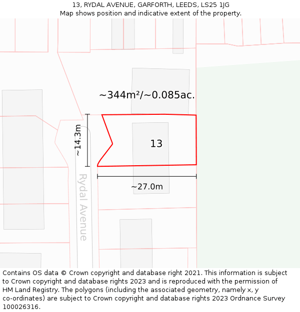13, RYDAL AVENUE, GARFORTH, LEEDS, LS25 1JG: Plot and title map
