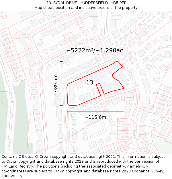 13, RYDAL DRIVE, HUDDERSFIELD, HD5 9EP: Plot and title map