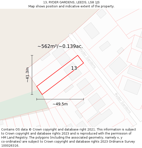13, RYDER GARDENS, LEEDS, LS8 1JS: Plot and title map