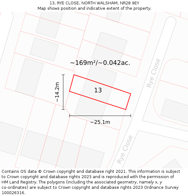 13, RYE CLOSE, NORTH WALSHAM, NR28 9EY: Plot and title map