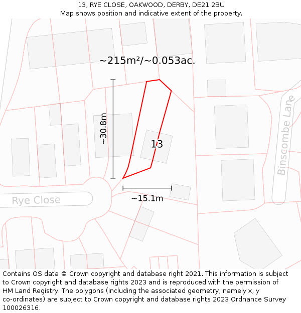 13, RYE CLOSE, OAKWOOD, DERBY, DE21 2BU: Plot and title map