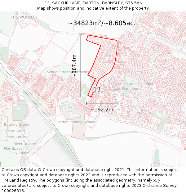 13, SACKUP LANE, DARTON, BARNSLEY, S75 5AN: Plot and title map