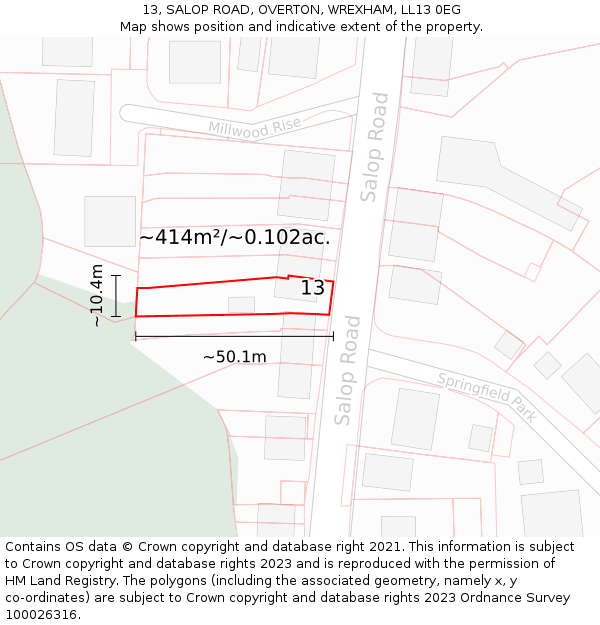 13, SALOP ROAD, OVERTON, WREXHAM, LL13 0EG: Plot and title map
