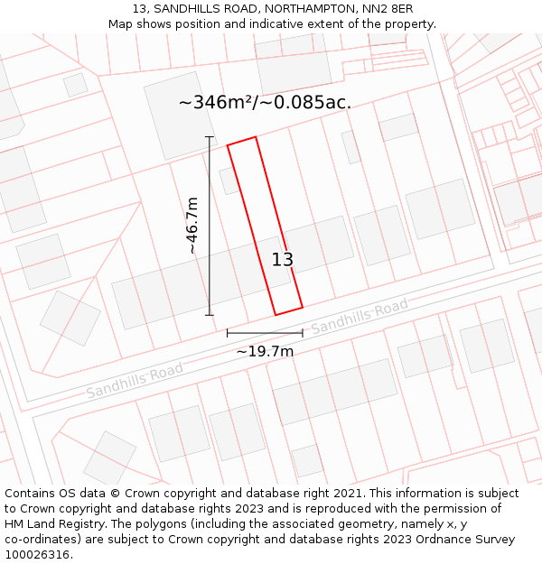 13, SANDHILLS ROAD, NORTHAMPTON, NN2 8ER: Plot and title map