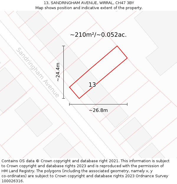 13, SANDRINGHAM AVENUE, WIRRAL, CH47 3BY: Plot and title map