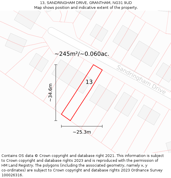 13, SANDRINGHAM DRIVE, GRANTHAM, NG31 9UD: Plot and title map