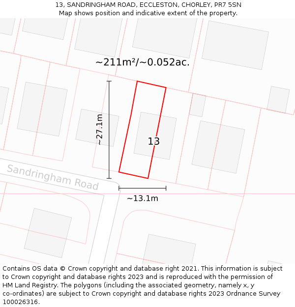 13, SANDRINGHAM ROAD, ECCLESTON, CHORLEY, PR7 5SN: Plot and title map