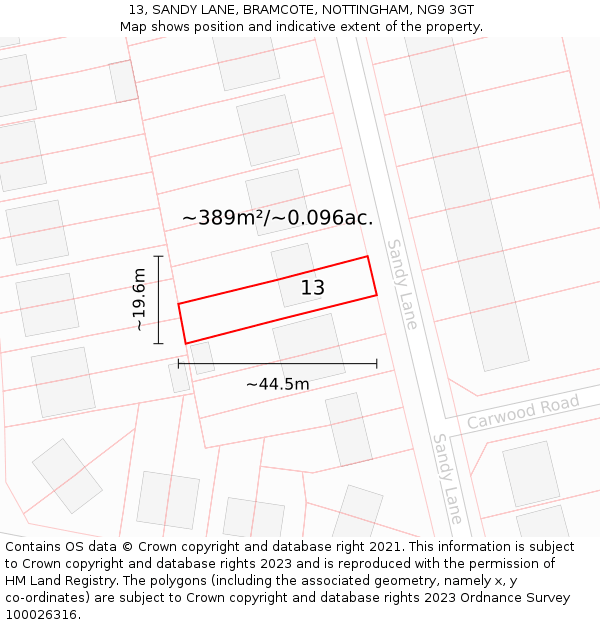 13, SANDY LANE, BRAMCOTE, NOTTINGHAM, NG9 3GT: Plot and title map
