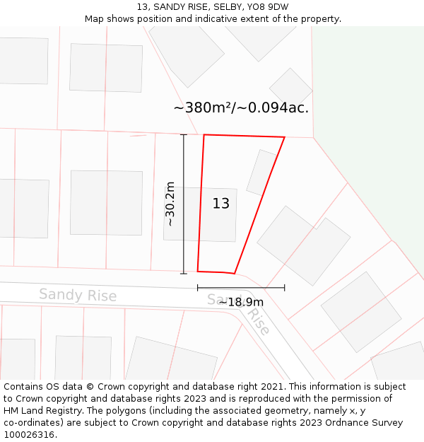 13, SANDY RISE, SELBY, YO8 9DW: Plot and title map