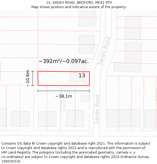 13, SANDY ROAD, BEDFORD, MK41 9TH: Plot and title map