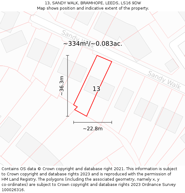 13, SANDY WALK, BRAMHOPE, LEEDS, LS16 9DW: Plot and title map