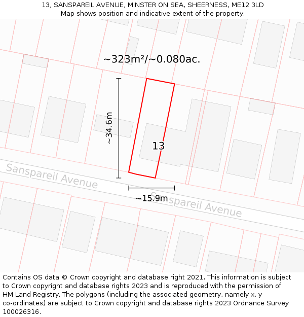 13, SANSPAREIL AVENUE, MINSTER ON SEA, SHEERNESS, ME12 3LD: Plot and title map