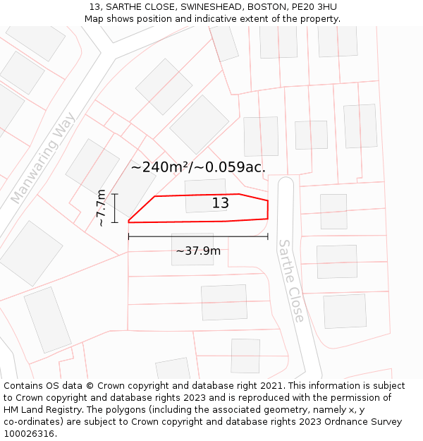 13, SARTHE CLOSE, SWINESHEAD, BOSTON, PE20 3HU: Plot and title map