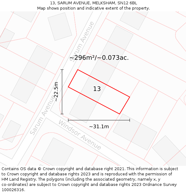13, SARUM AVENUE, MELKSHAM, SN12 6BL: Plot and title map