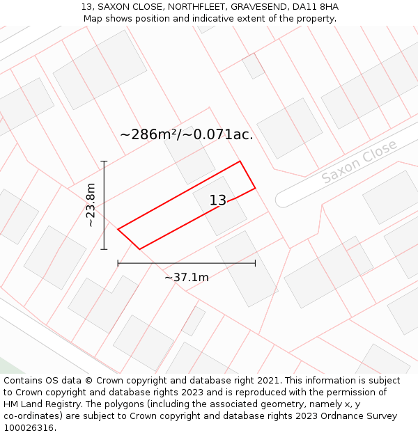 13, SAXON CLOSE, NORTHFLEET, GRAVESEND, DA11 8HA: Plot and title map