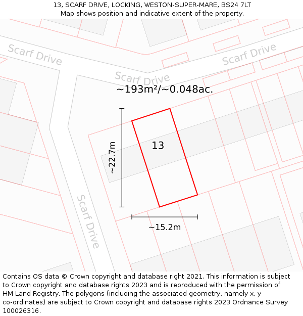 13, SCARF DRIVE, LOCKING, WESTON-SUPER-MARE, BS24 7LT: Plot and title map