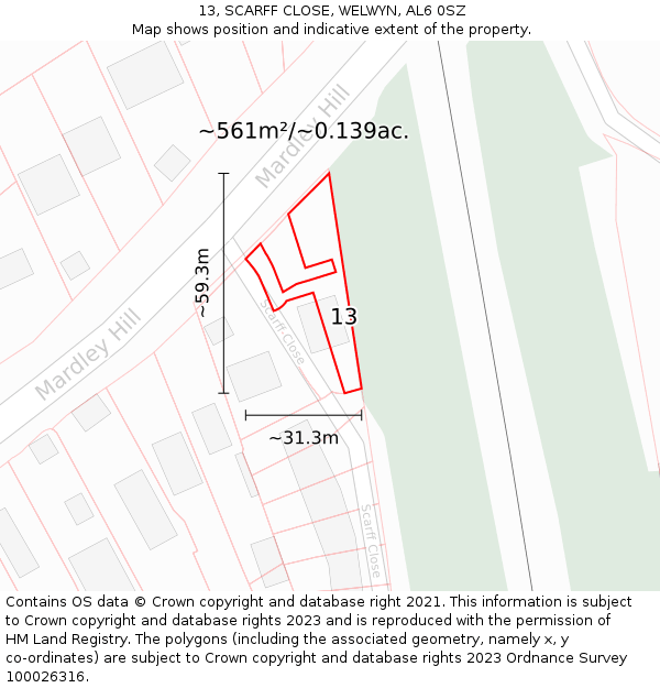 13, SCARFF CLOSE, WELWYN, AL6 0SZ: Plot and title map