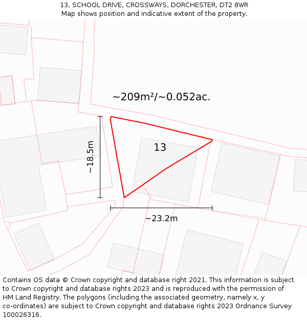 13, SCHOOL DRIVE, CROSSWAYS, DORCHESTER, DT2 8WR: Plot and title map