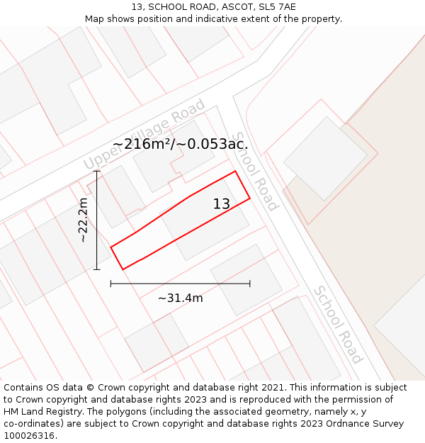 13, SCHOOL ROAD, ASCOT, SL5 7AE: Plot and title map