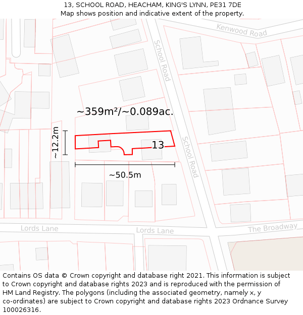 13, SCHOOL ROAD, HEACHAM, KING'S LYNN, PE31 7DE: Plot and title map