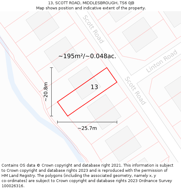 13, SCOTT ROAD, MIDDLESBROUGH, TS6 0JB: Plot and title map