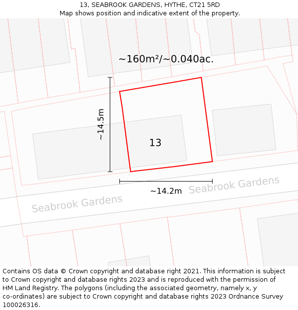 13, SEABROOK GARDENS, HYTHE, CT21 5RD: Plot and title map