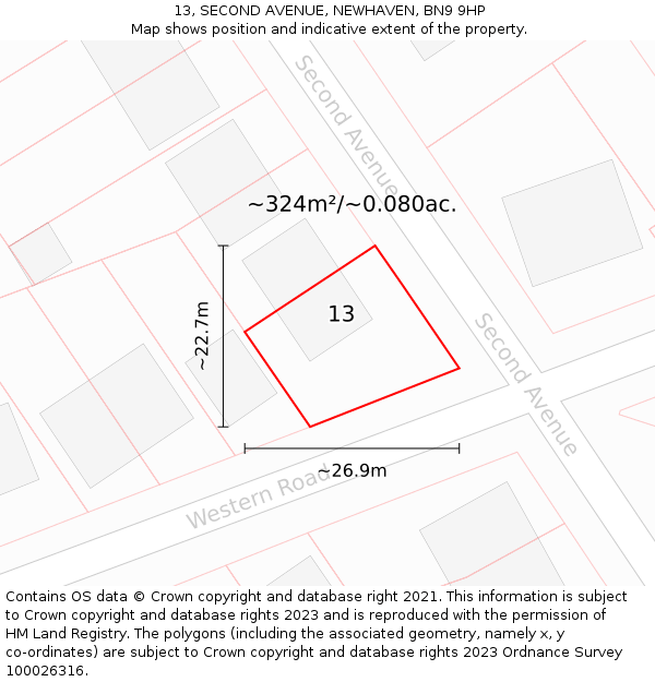 13, SECOND AVENUE, NEWHAVEN, BN9 9HP: Plot and title map