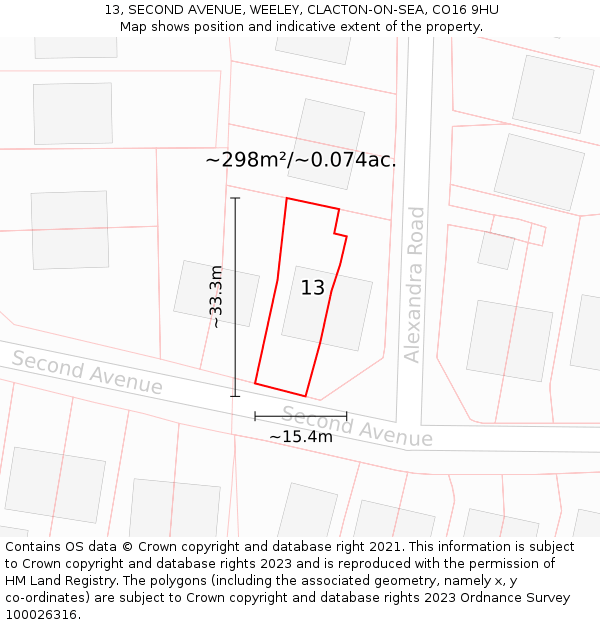 13, SECOND AVENUE, WEELEY, CLACTON-ON-SEA, CO16 9HU: Plot and title map