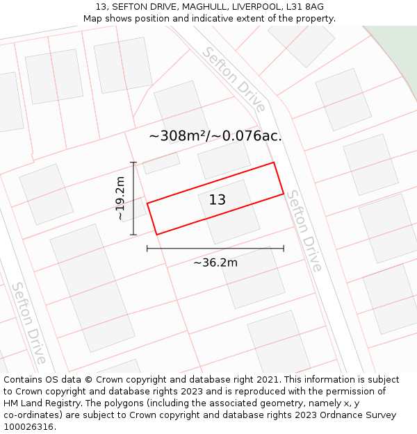 13, SEFTON DRIVE, MAGHULL, LIVERPOOL, L31 8AG: Plot and title map
