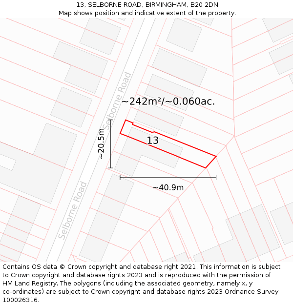 13, SELBORNE ROAD, BIRMINGHAM, B20 2DN: Plot and title map