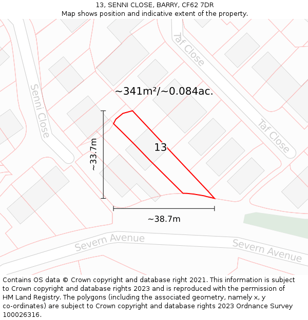 13, SENNI CLOSE, BARRY, CF62 7DR: Plot and title map